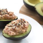 Easy low carb spicy tuna stuffed avocados.