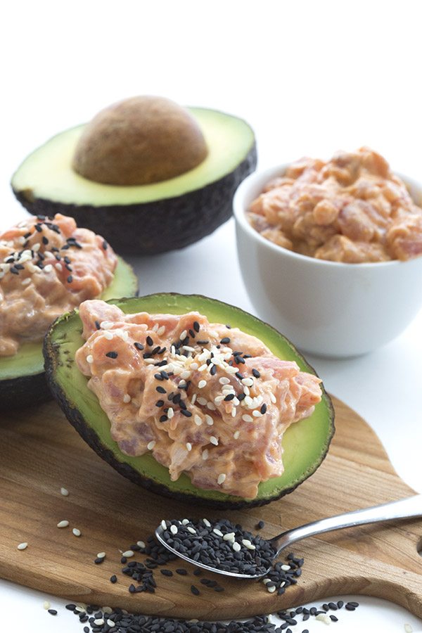 Easy paleo and keto spicy tuna avocados. LCHF low carb THM Banting