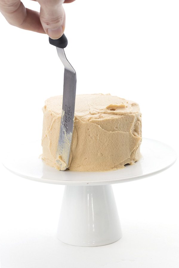 Delectable sugar-free peanut butter frosting on a low carb grain-free chocolate cake.
