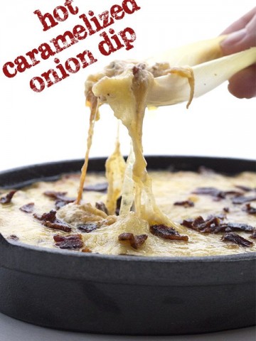 Cheesy gooey low carb hot caramelized onion dip.