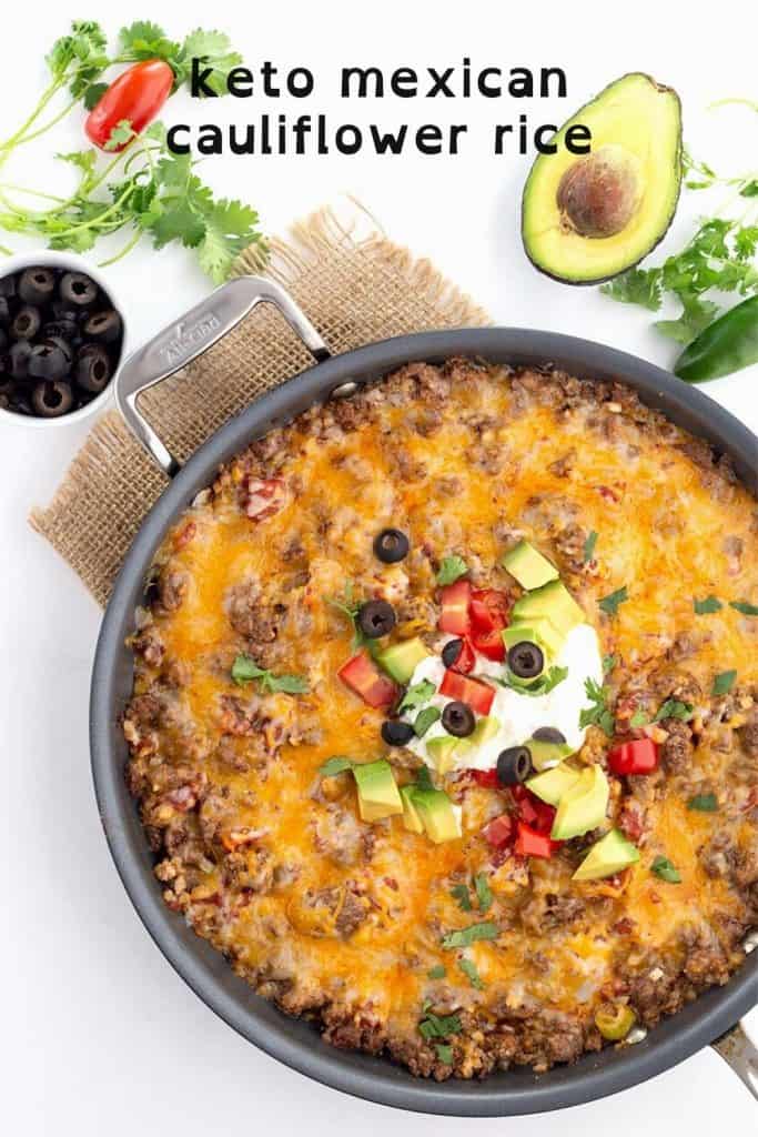 Titled image: Top down view of a skillet filled with Mexican Cauliflower Rice, with avocado, cilantro, tomatoes, and olives scattered around. 