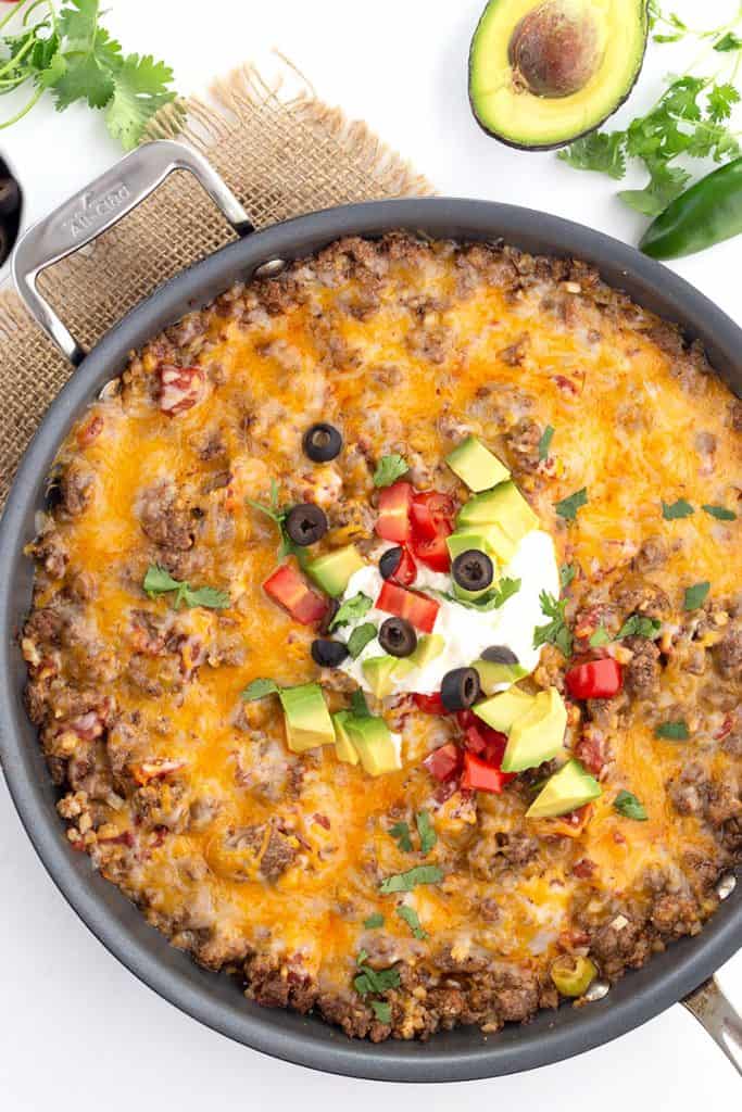 Top down image of keto Mexican cauliflower rice in the pan. 