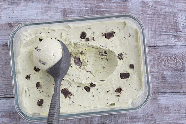 Delicious keto Mint Chocolate Chip Ice Cream that doesn't require an ice cream maker!