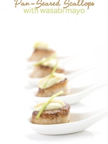 Low carb pan-seared scallops with spicy wasabi mayo. A great appetizer or light meal.
