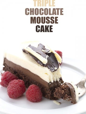 Creamy layers of low carb white chocolate and dark chocolate mousse on a grain-free chocolate cake.