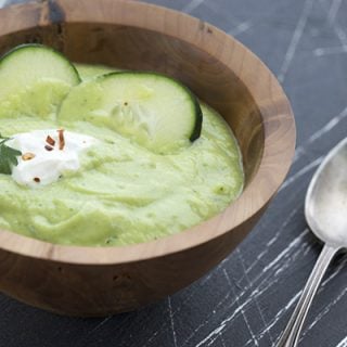 Dig into this cool and creamy paleo gazpacho, made with avocados and cucumbers