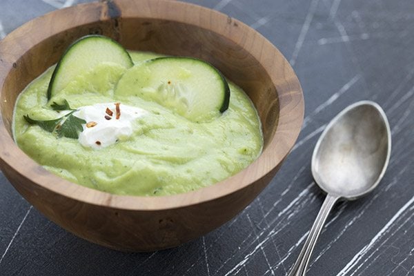Dig into this cool and creamy paleo gazpacho, made with avocados and cucumbers