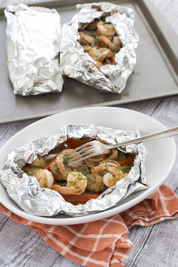Easy low carb Sausage Shrimp Campfire Packets