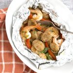 Easy low carb campfire dinner with sausage and shrimp