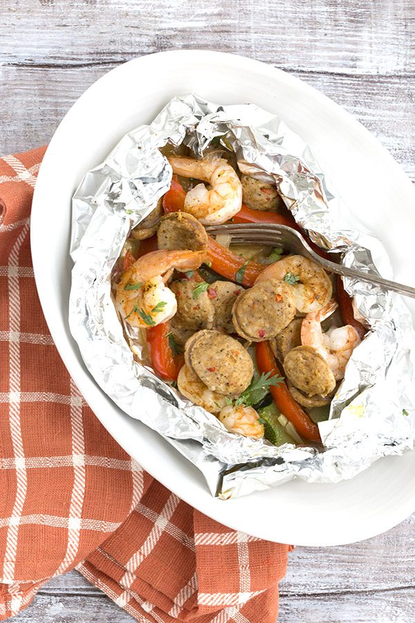 Easy low carb campfire dinner with sausage and shrimp