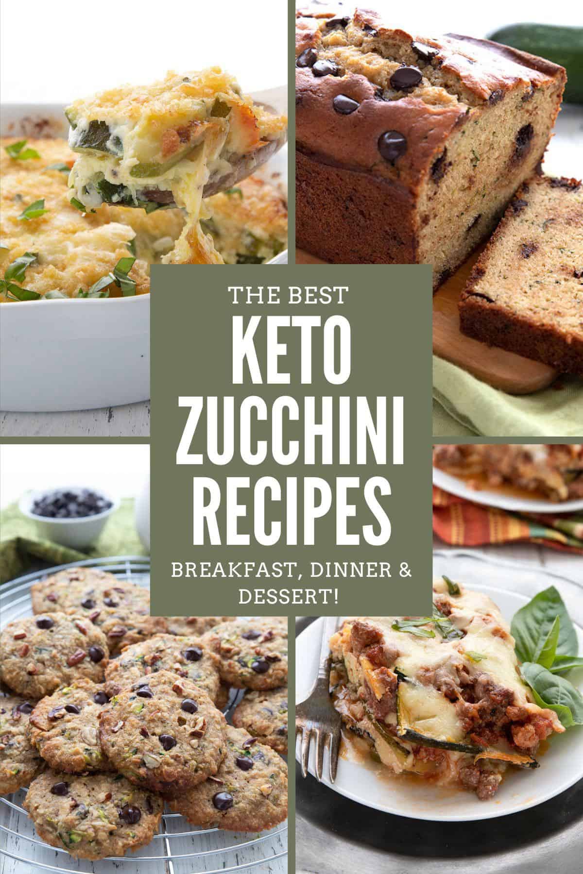 A collage of four images showing keto zucchini recipes, with the title in the center.