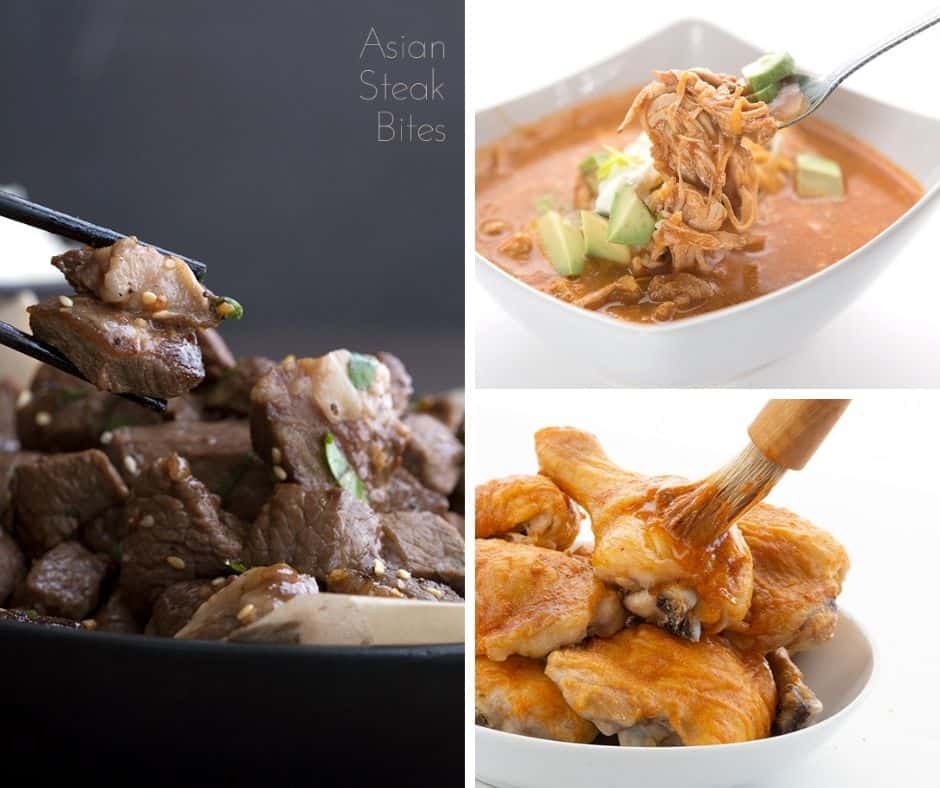 A collage of keto asian stake bites, instant pot enchilada soup, and crispy buffalo chicken