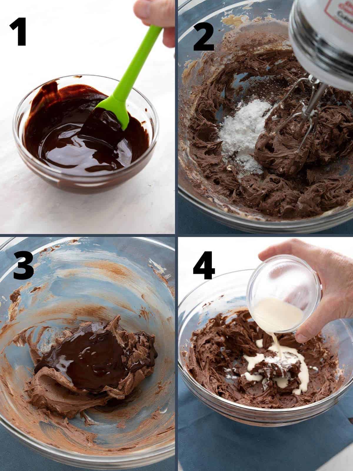 En collage av fire bilder som viser trinnene til keto-sjokoladefrosting. 