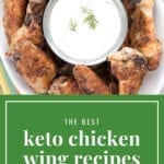 Titled image with a close up shot of keto chicken wings