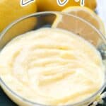 Titled image of a glass bowl filled with keto lemon curd.