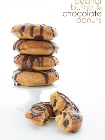 Low Carb Peanut Butter and Chocolate Donuts in a stack with title