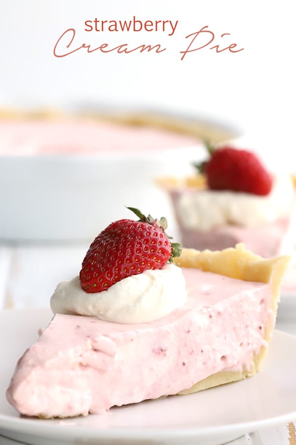 Keto Strawberry Cream Pie slices with the pie in the background