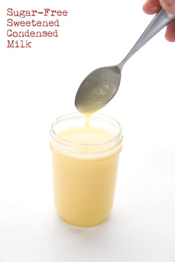 Keto sugar-free condensed milk in a jar with a spoon