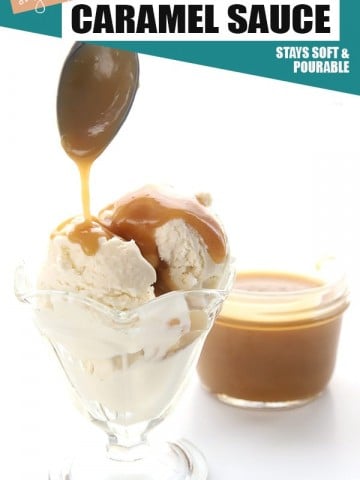 Sugar-free caramel pouring from a spoon onto keto vanilla ice cream