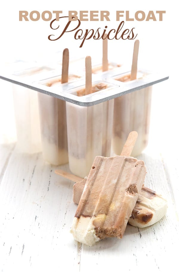 Sugar-free root beer float popsicles in front of a popsicle mold