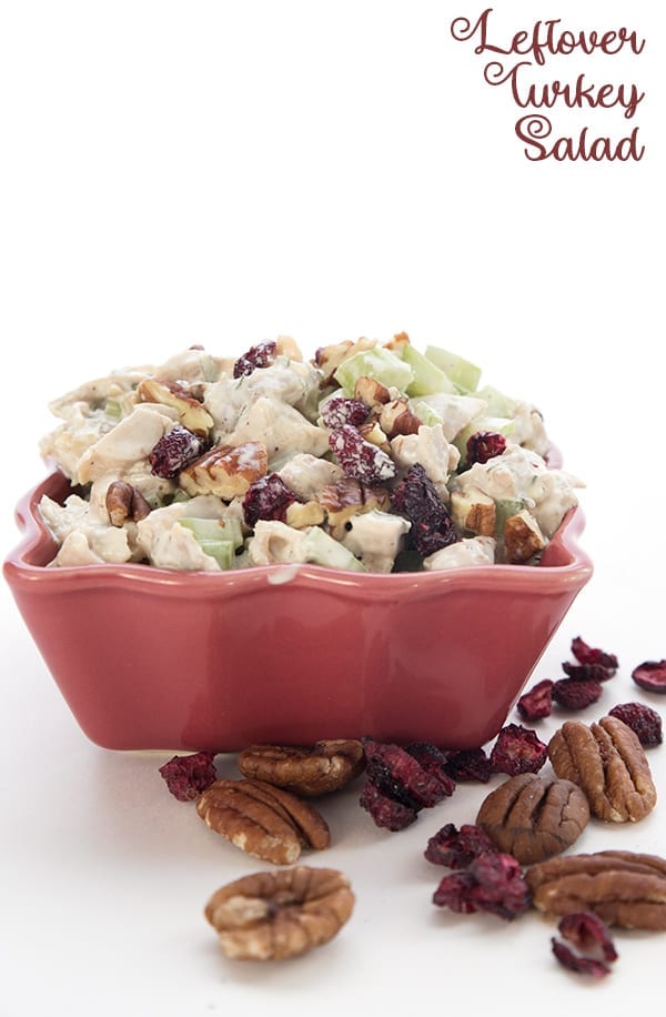 Keto Turkey Salad Recipe - leftover turkey salad in a red bowl with pecans and cranberries