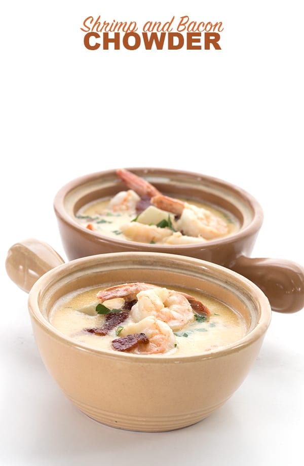 Keto Shrimp and Bacon Chowder in handled soup bowls