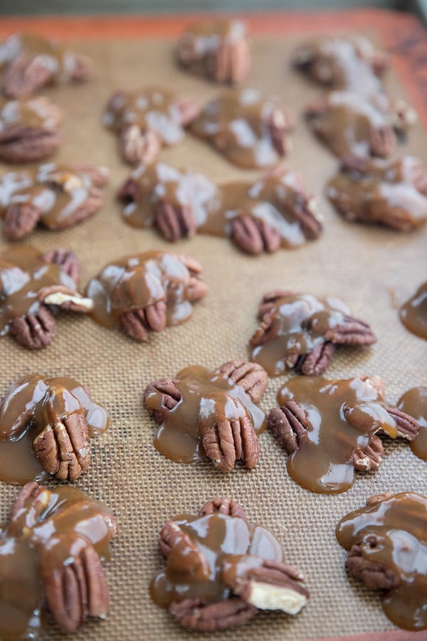 Caramel Pecan Clusters on a baking tray