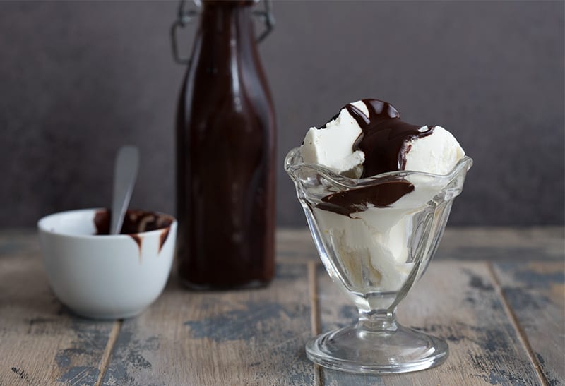 Easy homemade chocolate syrup in a glass bottle 