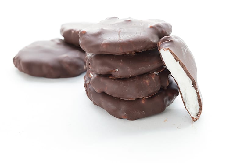 Homemade Peppermint Patties in a pile.