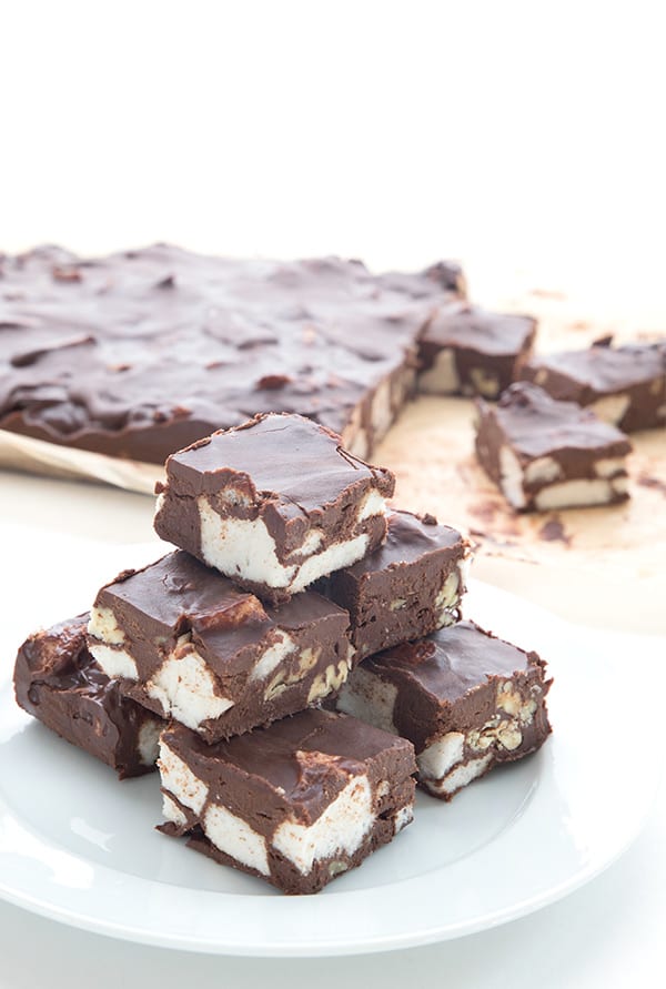 A plate of rocky road fudge with some still in the pan