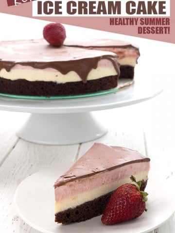Neapolitan Ice Cream Cake slice on a white place with a strawberry
