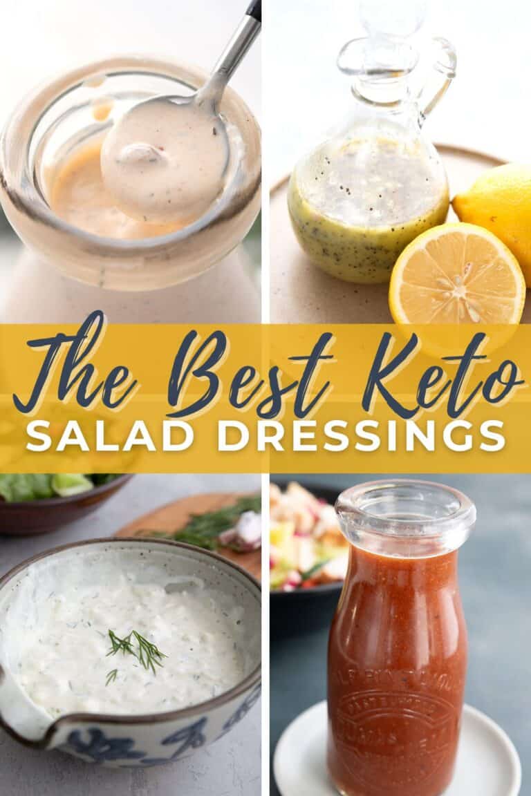 Collage of 4 keto salad dressings with title in center.