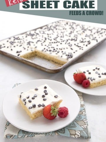 Cannoli sheet cake with slices on white plates in front