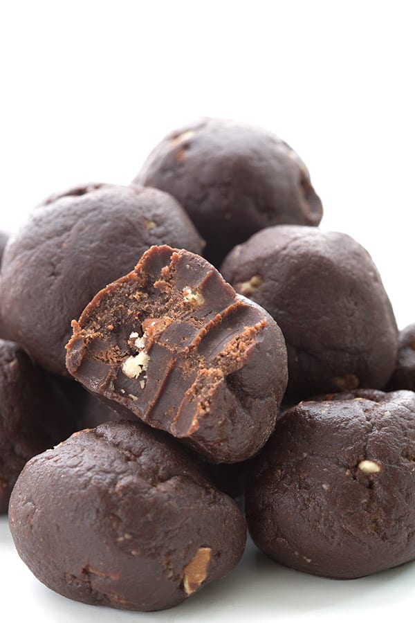 Close up shot of brownie fat bombs with a bite taken out