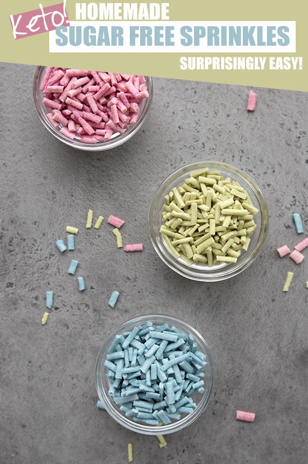 Homemade sugar free sprinkles in little glass bowls on a concrete surface