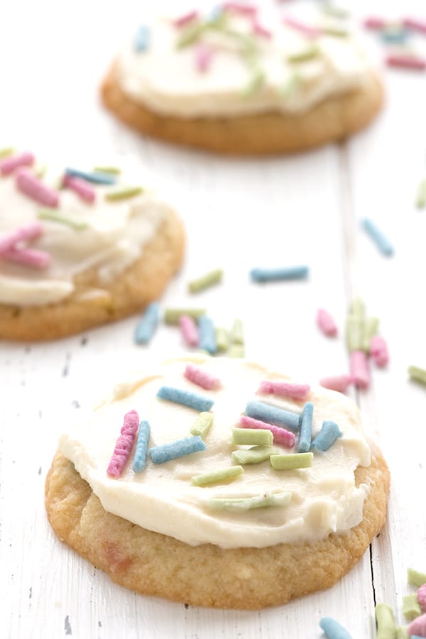 Sugar free cookies with sugar-free sprinkles on top on a white table