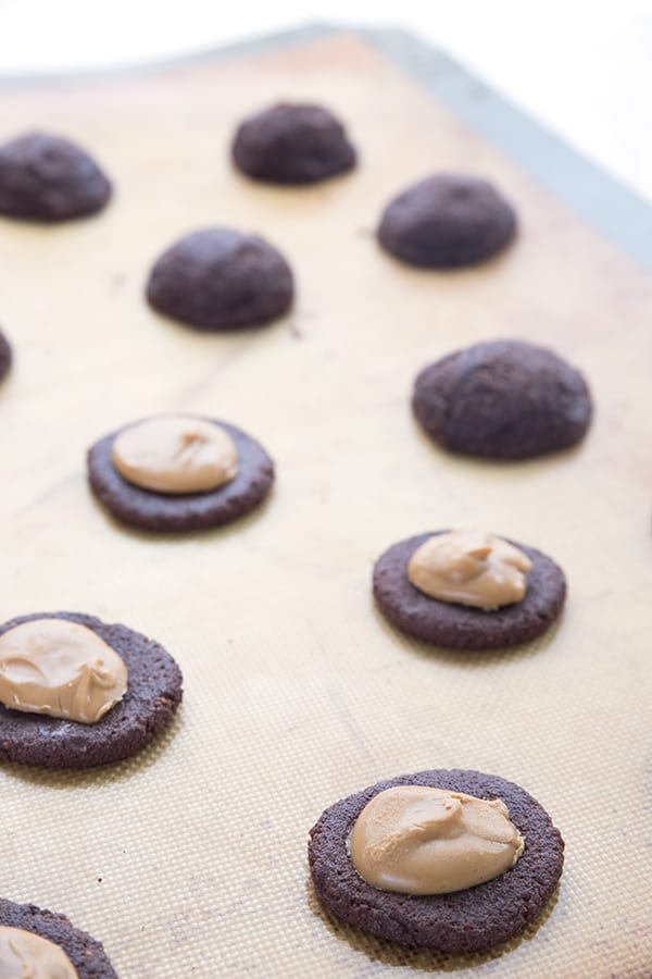 Keto chocolate cookies with peanut butter on top