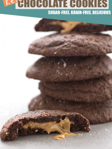 Keto chocolate cookies with a delicious peanut butter filling oozing out.
