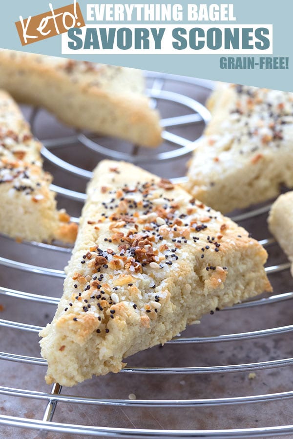 Savory keto scones with everything bagel seasoning on a cooling rack