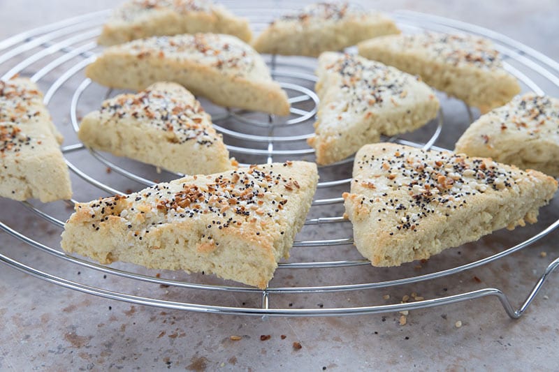 Everything bagel scones on a cooling rack
