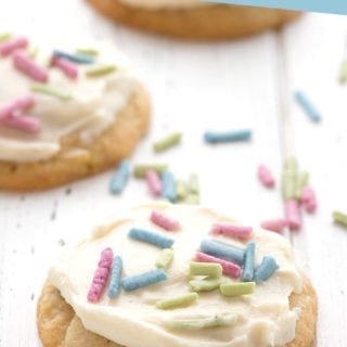 Keto sugar cookies with pastel sprinkles on a white table