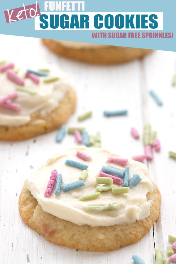Keto sugar cookies with pastel sprinkles on a white table