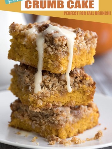 Keto Pumpkin Crumb Cake in a stack on a white plate