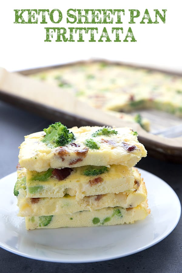 Broccoli cheddar sheet pan frittata in a stack on a white plate, with the sheet pan in the background. 