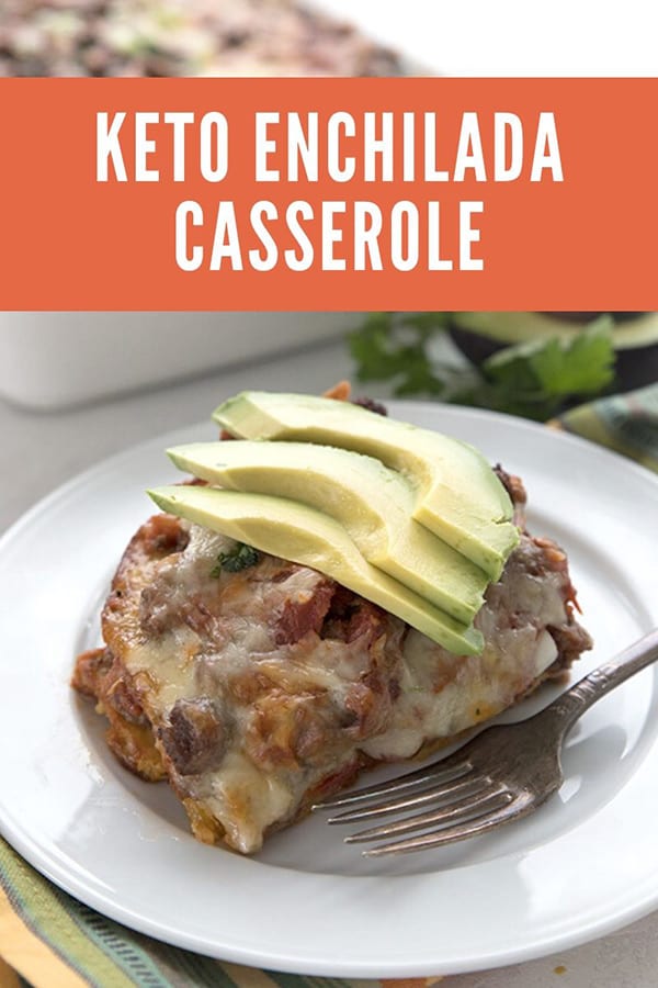 Titled image with a serving of beef enchilada casserole on a white plate, topped with slices of avocado. 