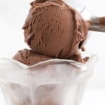 Titled Pinterest image of keto chocolate ice cream being scooped into a glass ice cream dish.