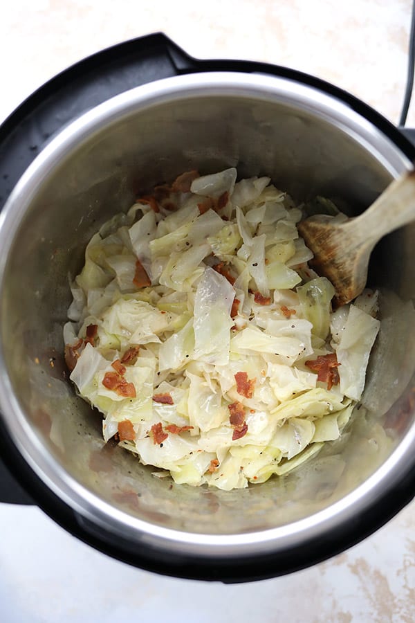 Top down shot of fried cabbage in an instant pot.