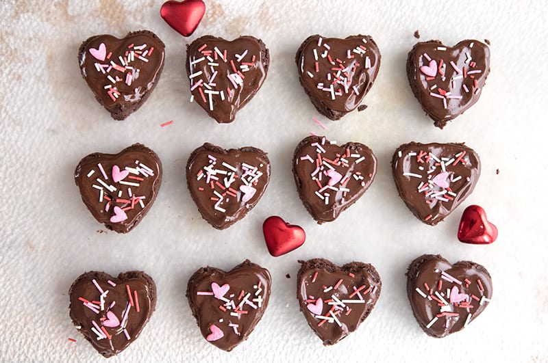 Top down photo of keto Valentine's Day heart shaped brownies. 