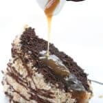 Titled image of a small white pitcher pouring caramel sauce over a slice of keto Samoa Bundt Cake.