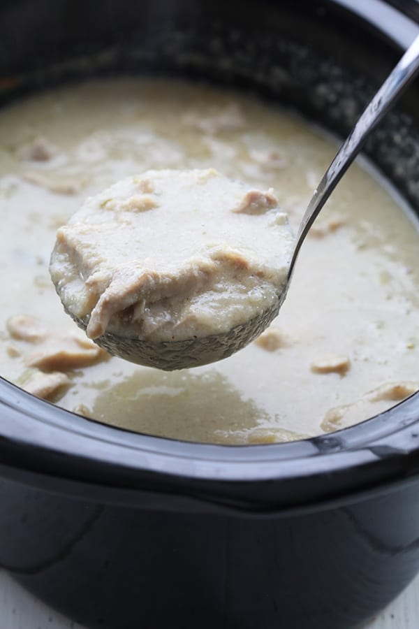 Close up shot of white chicken chili made in a slow cooker